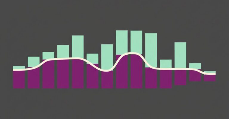 Abstract illustration of bars at varying heights with split margin-to-cost proportions representing the range of agency profit margins by type, in violet and mint green on dark navy.