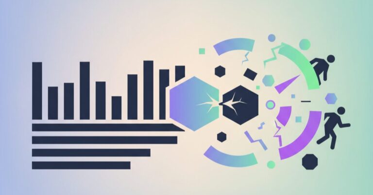 A bar chart breaking into hexagon fragments as silhouetted figures scatter, for fixed-price projects straining hourly planning tools.