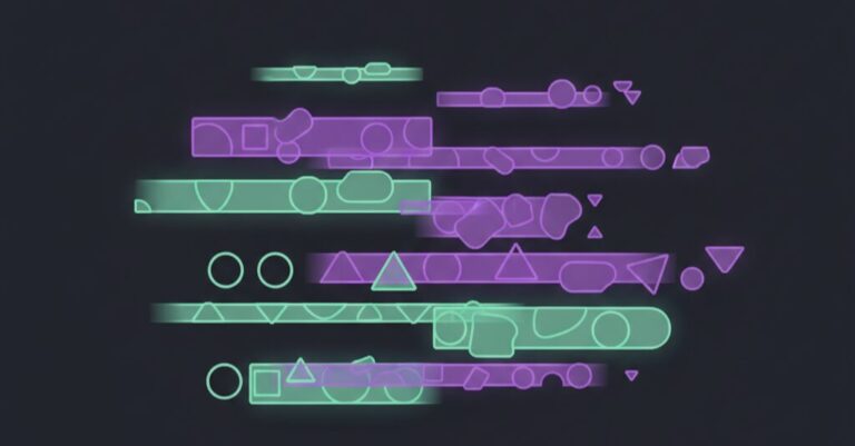 Abstract illustration of layered planning bands with slight misalignment between planned and actual layers, representing plan-versus-actuals divergence over time, in navy, mint green, and violet.