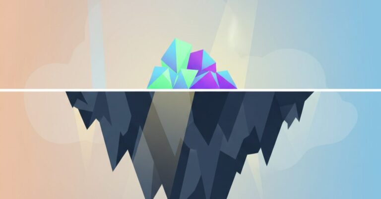 Abstract editorial illustration of a small, polished crystal in mint and violet gradients sitting above a waterline, with a much larger jagged dark navy mass spreading beneath, representing the gap between what agency KPI dashboards show and what's actually happening underneath.
