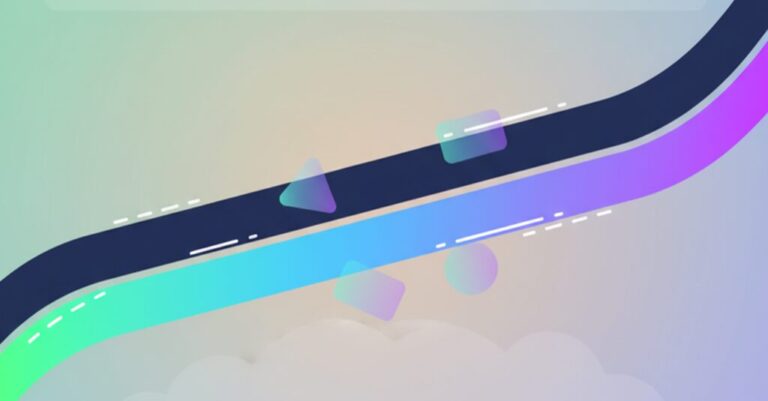 Two diverging paths represent forecast versus actual delivery, with one path rendered in the Parallax brand gradient flowing from mint green through sky blue to violet purple, and the other in dark navy charcoal.