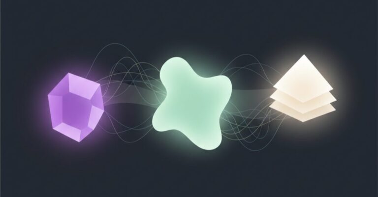 Abstract illustration of three disconnected glowing shapes in violet, mint green, and white representing data living across separate systems without a connecting layer.