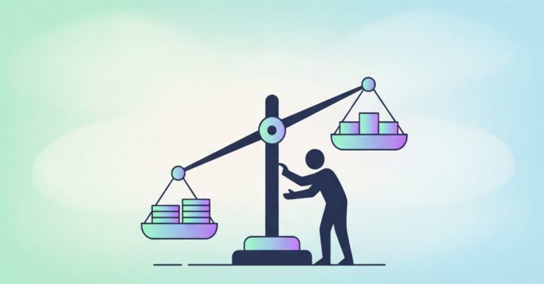 A silhouetted figure adjusts a balance scale holding stacked coins on one side and blocks of work on the other, for weighing project revenue against cost.