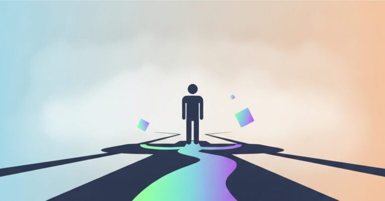A silhouetted figure stands where several dark paths split, with one path lit in mint, blue and violet curving ahead, for choosing a resource planning tool.