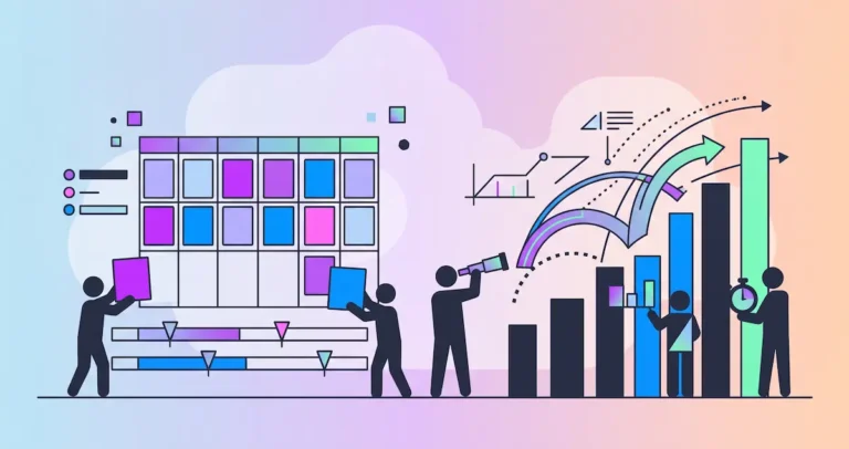 Calandar graphic on the left with people making a schedule. Bar graph on the right showing forecasting